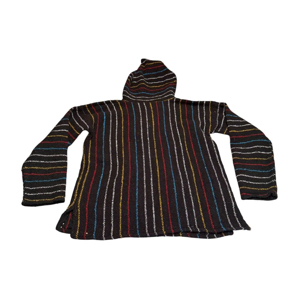 Artesania Tlaxcaltecas Mexican Blanket Hoodie Men's Large Black Striped Acrylic - Picture 3 of 6